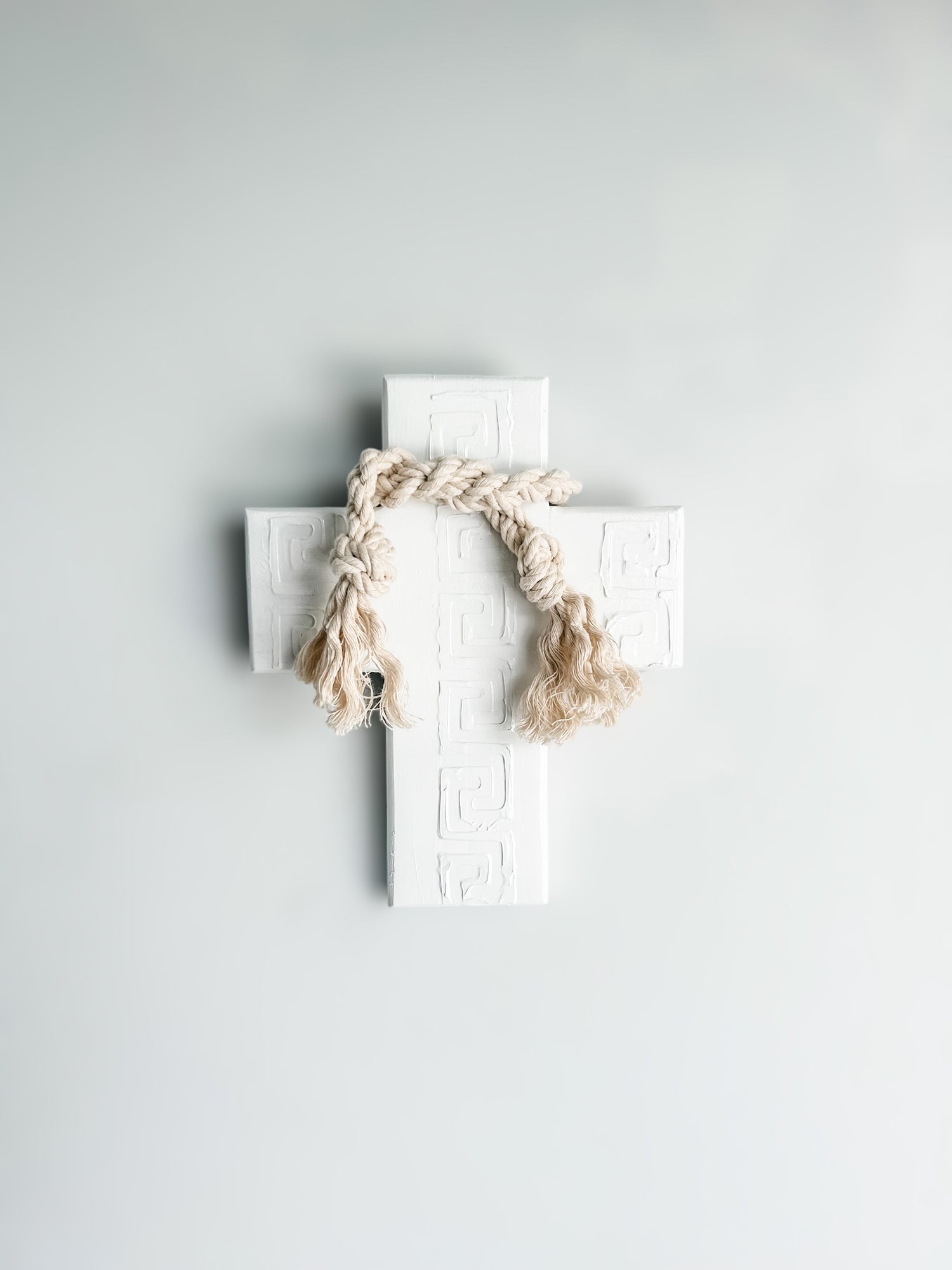 For lovers of white decor. White on white wall cross. Greek wall cross. Carved look wooden wall cross. Embossed details Wall Art. Gift for Greek family. The Greek meander, also known as the Greek key pattern, symbolizes eternity, unity, and the flow of life. It was a vital symbol in ancient Greek culture. Gift for Yia-yia. Orthodox easter gift. Gift for Birthday, Easter, Christmas, First Holy Communion, Baptism, New Baby, Baby Shower, Christening, Confirmation, Graduation, Wedding, Anniversary, Mother's Day