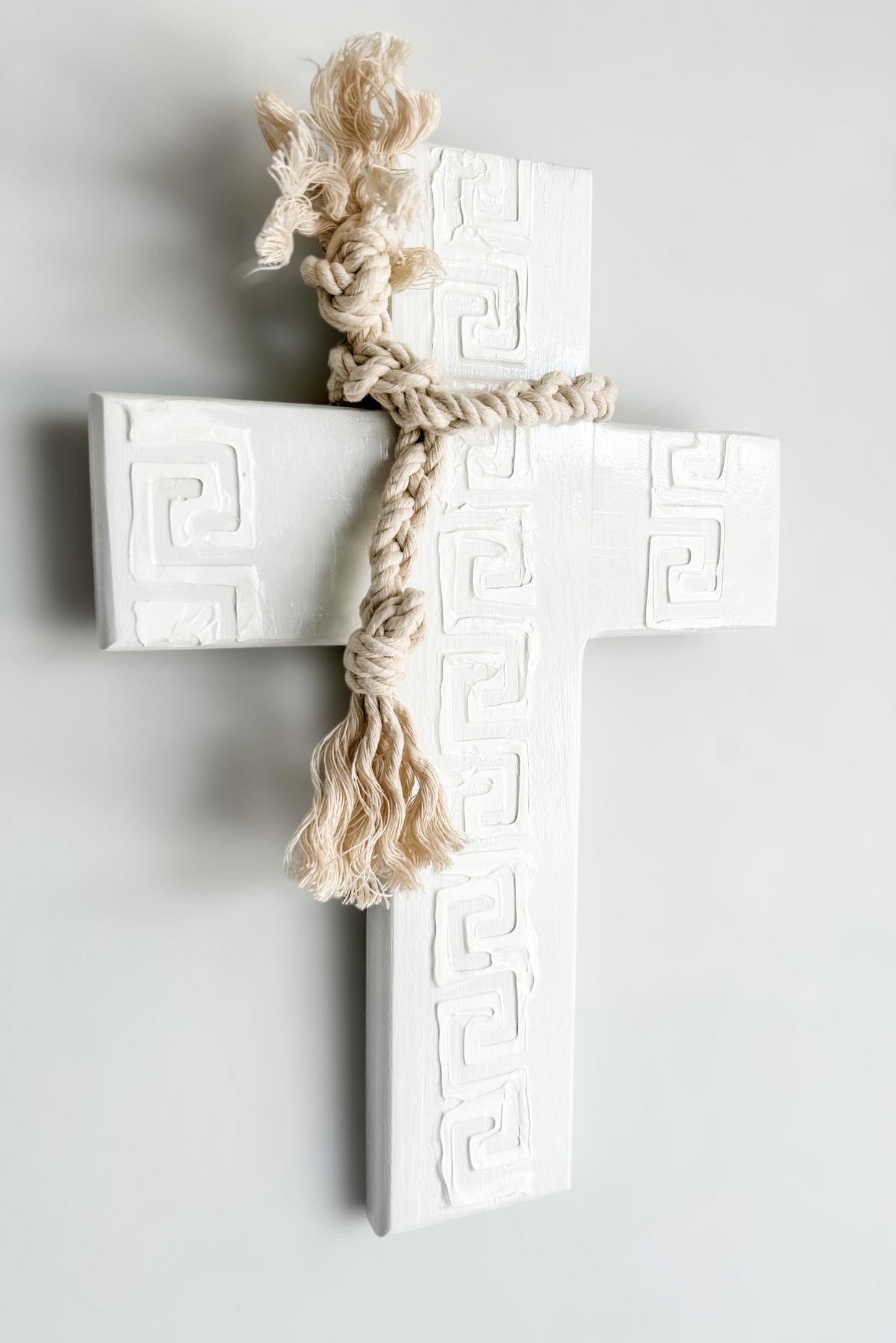 White on white wall cross. Greek wall cross. Mandala wall art. Carved look wooden wall cross. Embossed details Wall Art. Gift for Greek family. The Greek meander, also known as the Greek key pattern, symbolizes eternity, unity, and the flow of life. It was a vital symbol in ancient Greek culture. Gift for Yia-yia. Orthodox easter gift. Gift for Birthday, Easter, Christmas, First Holy Communion, Baptism, New Baby, Baby Shower, Christening, Confirmation, Graduation, Wedding, Anniversary