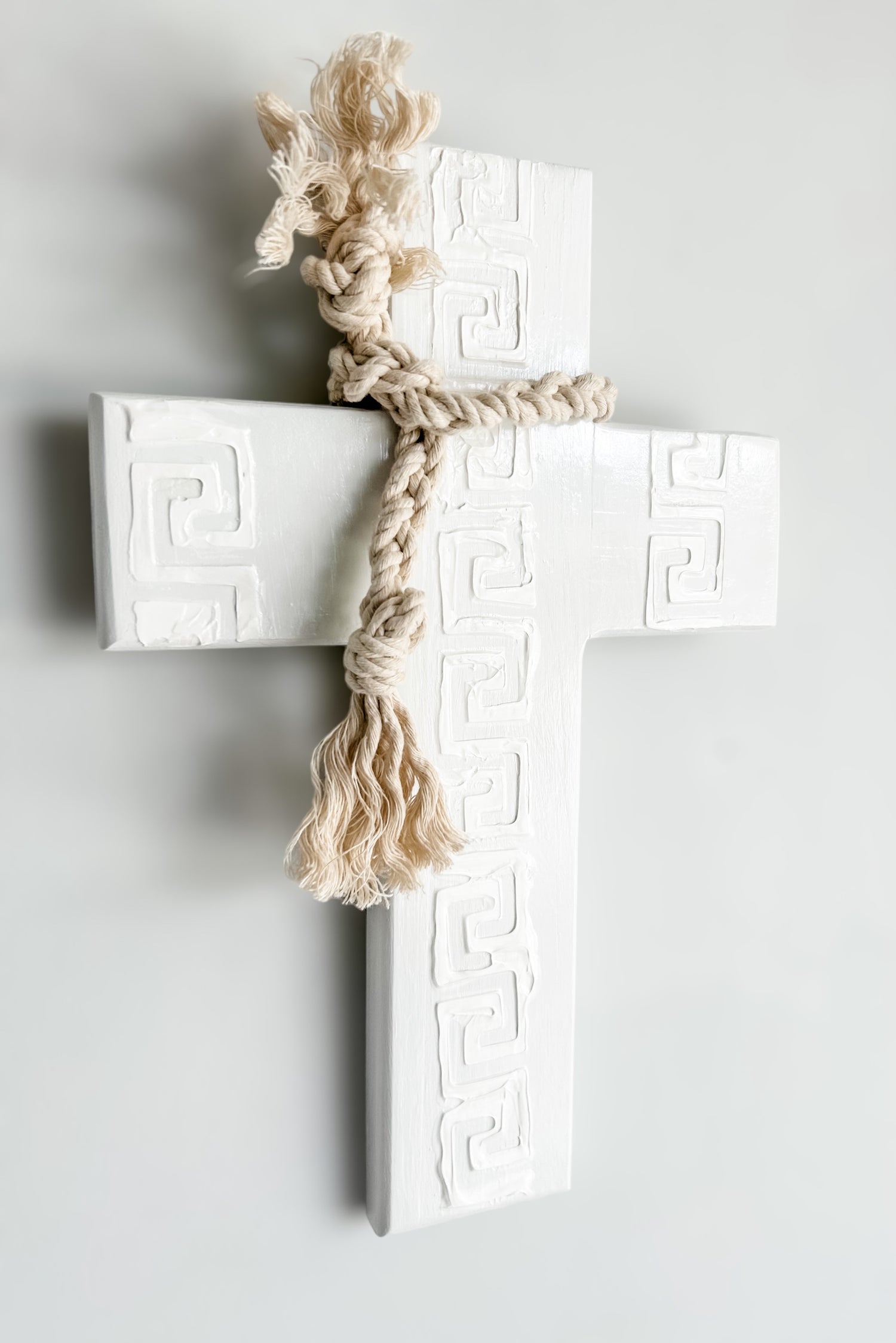 White on white wall cross. Greek wall cross. Mandala wall art. Carved look wooden wall cross. Embossed details Wall Art. Gift for Greek family. The Greek meander, also known as the Greek key pattern, symbolizes eternity, unity, and the flow of life. It was a vital symbol in ancient Greek culture. Gift for Yia-yia. Orthodox easter gift. Gift for Birthday, Easter, Christmas, First Holy Communion, Baptism, New Baby, Baby Shower, Christening, Confirmation, Graduation, Wedding, Anniversary