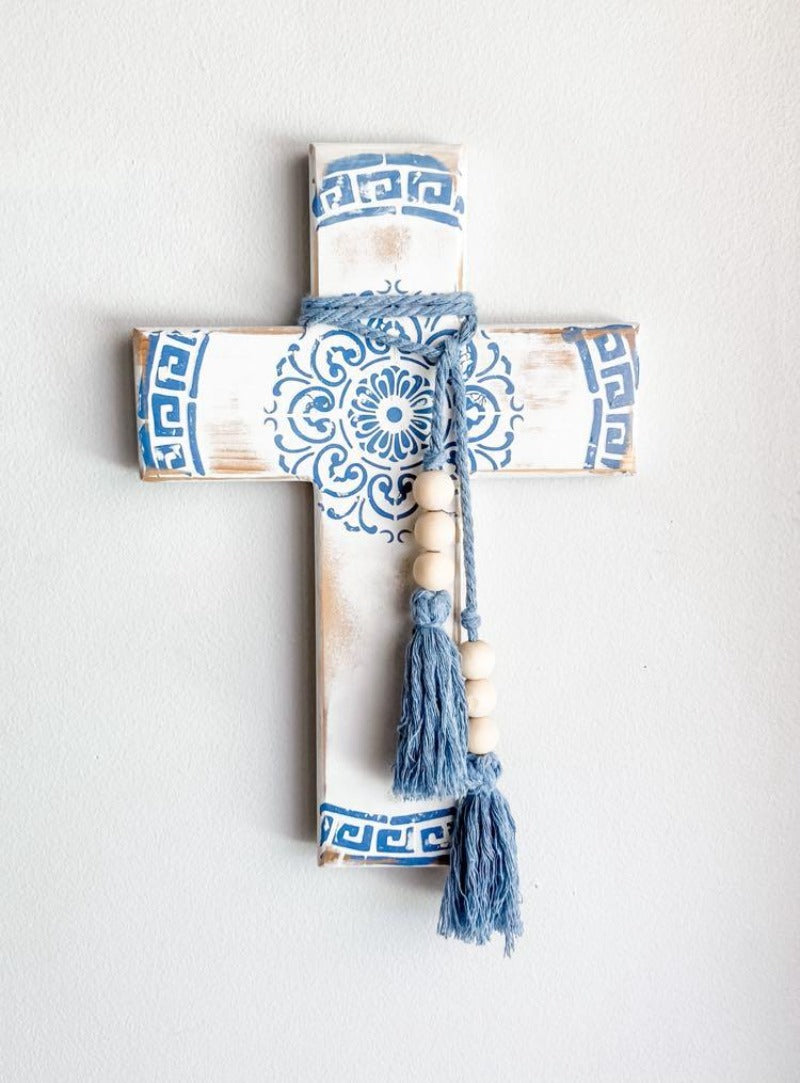 Blue and white wall cross. Greek wall cross. Carved look wooden wall cross. Embossed details Wall Art. Gift for Greek family. The Greek meander, also known as the Greek key pattern, symbolizes eternity, unity, and the flow of life. It was a vital symbol in ancient Greek culture. Gift for Yia-yia. Orthodox easter gift. Gift for Birthday, Easter, Christmas, First Holy Communion, Baptism, New Baby, Baby Shower, Christening, Confirmation, Graduation, Wedding, Anniversary, Mother's Day, Father's Day.