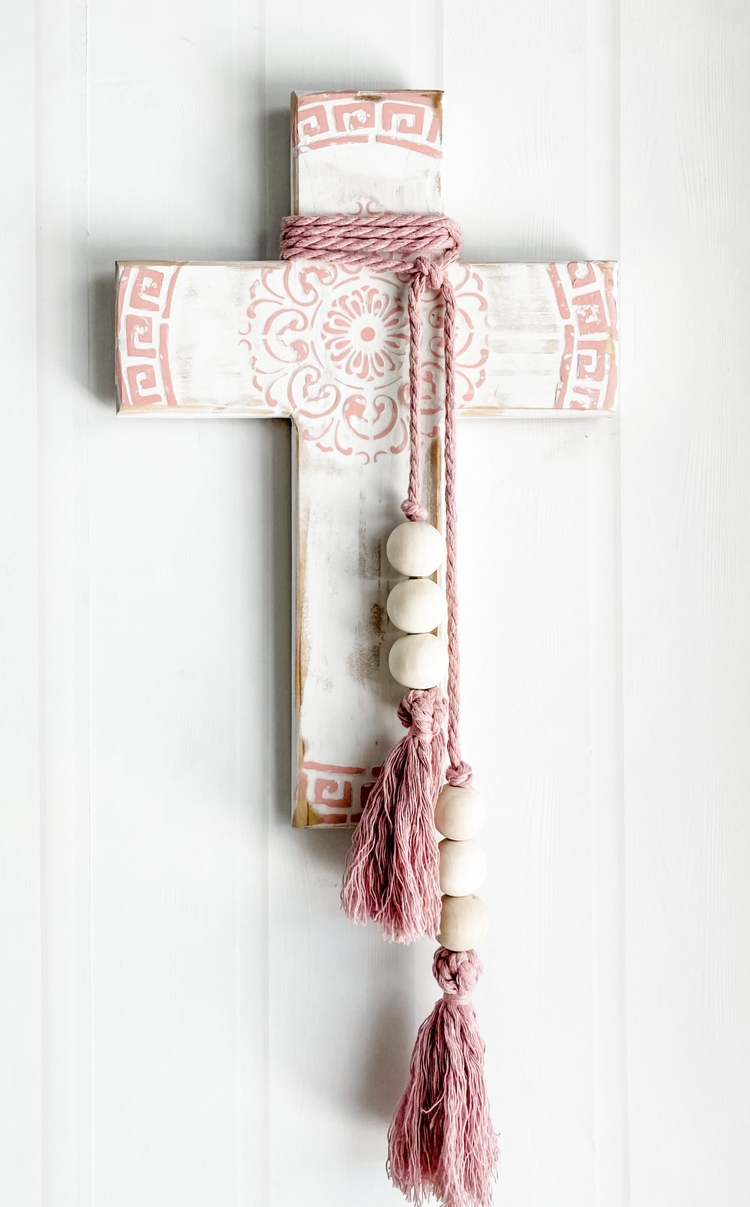 Pink and white wall cross. Greek wall cross. Carved look wooden wall cross. Embossed details Wall Art. Gift for Greek family. The Greek meander, also known as the Greek key pattern, symbolizes eternity, unity, and the flow of life. It was a vital symbol in ancient Greek culture. Gift for Yia-yia. Orthodox easter gift. Gift for Birthday, Easter, Christmas, First Holy Communion, Baptism, New Baby, Baby Shower, Christening, Confirmation, Graduation, Wedding, Anniversary, Mother's Day, Father's Day.
