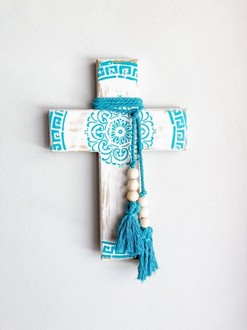 Aqua and white wall cross. Greek wall cross. Mandala wall art. Carved look wooden wall cross. Embossed details Wall Art. Gift for Greek family. The Greek meander, also known as the Greek key pattern, symbolizes eternity, unity, and the flow of life. It was a vital symbol in ancient Greek culture. Gift for Yia-yia. Saint Patrick's Day gift. Orthodox easter gift. Gift for Birthday, Easter, Christmas, First Holy Communion, Baptism, New Baby, Baby Shower, Christening, Confirmation, Graduation, Wedding