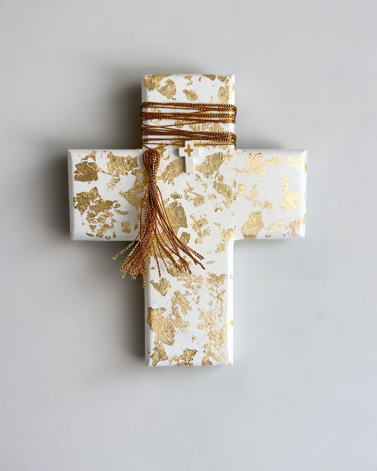 Gold leaf and white wall cross. Greek wall cross. Mother Nature wall art. Satellite image of earth wall art. Gift for Greek family. Gift for Yia-yia. Orthodox easter gift. Gift Ideas - Birthday, Easter, Christmas, Housewarming, First Holy Communion, Baptism, New Baby, Baby Shower, Christening, Confirmation, Graduation, Wedding, Anniversary, Mother's Day, Father's Day.