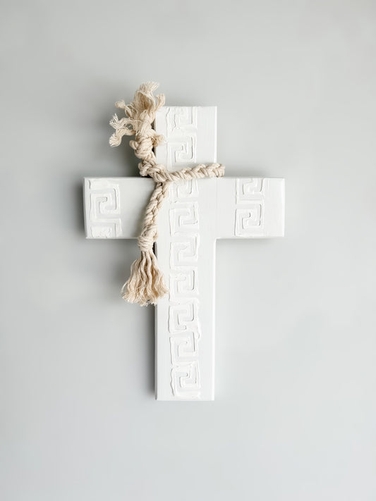 White on white wall cross. Greek wall cross. Carved look wooden wall cross. Embossed details Wall Art. Gift for Greek family. The Greek meander, also known as the Greek key pattern, symbolizes eternity, unity, and the flow of life. It was a vital symbol in ancient Greek culture. Gift for Yia-yia. Orthodox easter gift. Gift for Birthday, Easter, Christmas, First Holy Communion, Baptism, New Baby, Baby Shower, Christening, Confirmation, Graduation, Wedding