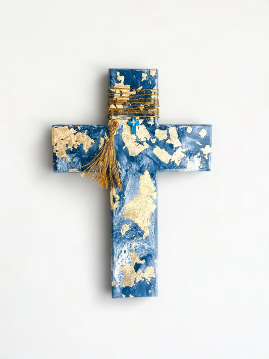 Blue and white marble swirl design wall cross. Gold leaf Blue and white and gold wall cross. Greek wall cross. Mother Nature wall art. Satellite image of earth wall art. Gift for Greek family. Gift for Yia-yia. Orthodox easter gift. Gift Ideas - Birthday, Easter, Christmas, Housewarming, First Holy Communion, Baptism, New Baby, Baby Shower, Christening, Confirmation, Graduation, Wedding, Anniversary, Mother's Day, Father's Day.
