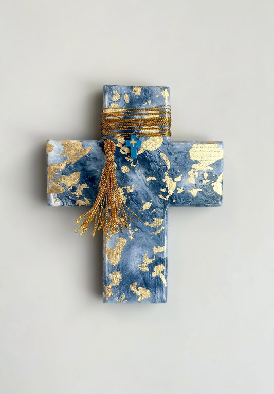 Blue and white marble effect wall cross. Blue and white and gold wall cross. Greek wall cross. Mother Nature wall art. Satellite image of earth wall art. Gift for Greek family. orthodox easter gift.