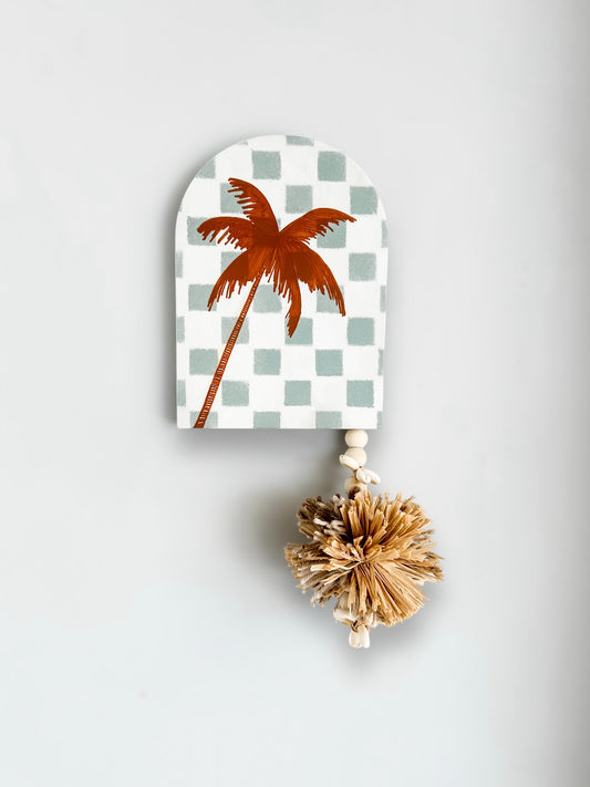 Sage and white checkered decor. Island vibes palm tree wall tile. sage and white check wall tile with palm tree. Perfect decor for your holiday home, Airbnb rental property, dream home, vacation house. Coastal boho decor perfect for decorating in your dream home, beach house, etc. Or to give as a gift for Christmas! Affordable and unique gift idea.