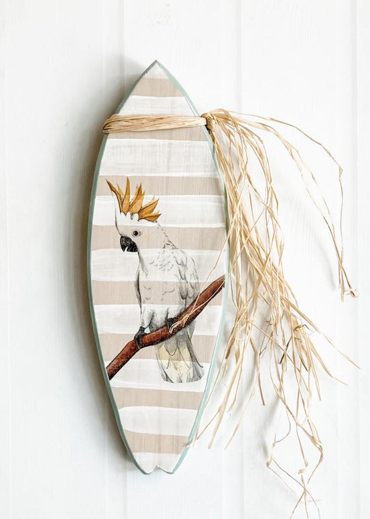 For lovers of surfing, desert tones, modern Australian vibe decor beautiful details wall decoration. For lovers of cockatoos. Gift for someone who loves the cockatoo. Gift for a surfer in Australia. 
Decor for your holiday home, country house, dream home, Airbnb property, bush retreat, beach house, vacation property. Home in the bush. For lovers of Australian culture. Aussie decor.