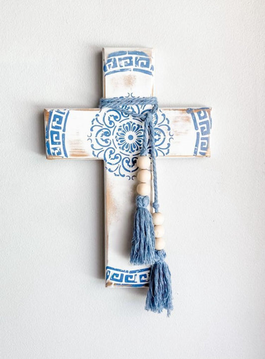 Blue and white wall cross. Greek wall cross. Carved look wooden wall cross. Embossed details Wall Art. Gift for Greek family. The Greek meander, also known as the Greek key pattern, symbolizes eternity, unity, and the flow of life. It was a vital symbol in ancient Greek culture. Gift for Yia-yia. Orthodox easter gift. Gift for Birthday, Easter, Christmas, First Holy Communion, Baptism, New Baby, Baby Shower, Christening, Confirmation, Graduation, Wedding, Anniversary, Mother's Day, Father's Day.