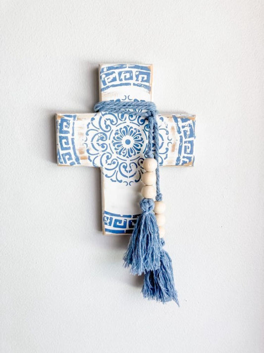 Blue and white wall cross. Greek wall cross. Carved look wooden wall cross. Embossed details Wall Art. Gift for Greek family. The Greek meander, also known as the Greek key pattern, symbolizes eternity, unity, and the flow of life. It was a vital symbol in ancient Greek culture. Gift for Yia-yia. Orthodox easter gift. Gift for Birthday, Easter, Christmas, First Holy Communion, Baptism, New Baby, Baby Shower, Christening, Confirmation, Graduation, Wedding, Anniversary, Mother's Day, Father's Day.