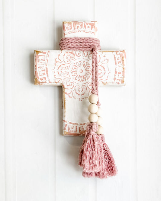 Pink and white wall cross. Greek wall cross. Mandala wall art. Carved look wooden wall cross. Embossed details Wall Art. Gift for Greek family. The Greek meander, also known as the Greek key pattern, symbolizes eternity, unity, and the flow of life. It was a vital symbol in ancient Greek culture. Gift for Yia-yia. Orthodox easter gift. Gift for Birthday, Easter, Christmas, First Holy Communion, Baptism, New Baby, Baby Shower, Christening, Confirmation, Graduation, Wedding, Anniversary, Mother's Day