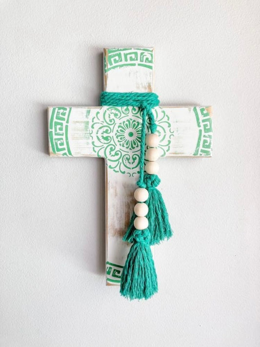 Green and white wall cross. Greek wall cross. Mandala wall art. Carved look wooden wall cross. Embossed details Wall Art. Gift for Greek family. The Greek meander, also known as the Greek key pattern, symbolizes eternity, unity, and the flow of life. It was a vital symbol in ancient Greek culture. Gift for Yia-yia. Orthodox easter gift. Gift for Birthday, Easter, Christmas, First Holy Communion, Baptism, New Baby, Baby Shower, Christening, Confirmation, Graduation, Wedding, Anniversary, Mother's Day