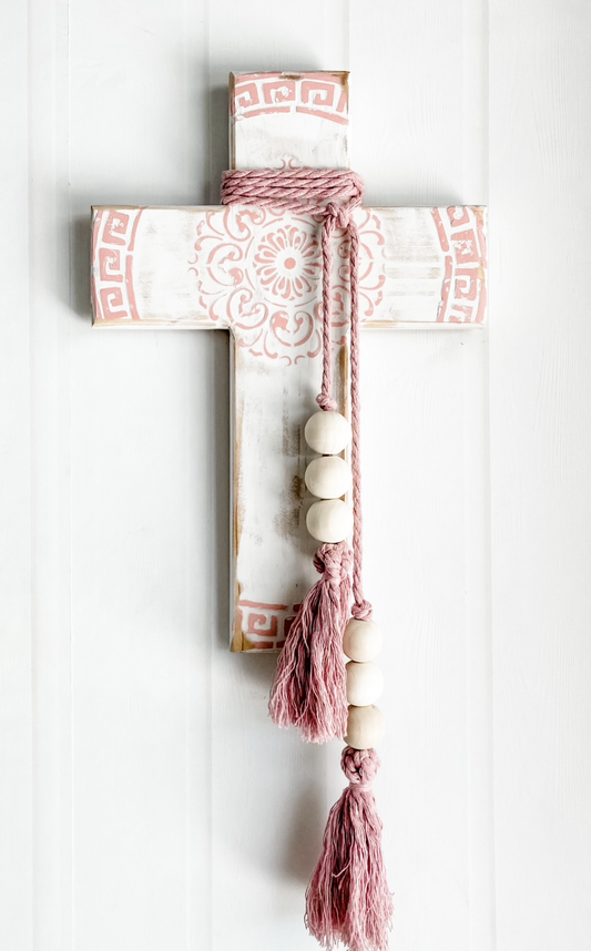 Pink and white wall cross. Greek wall cross. Carved look wooden wall cross. Embossed details Wall Art. Gift for Greek family. The Greek meander, also known as the Greek key pattern, symbolizes eternity, unity, and the flow of life. It was a vital symbol in ancient Greek culture. Gift for Yia-yia. Orthodox easter gift. Gift for Birthday, Easter, Christmas, First Holy Communion, Baptism, New Baby, Baby Shower, Christening, Confirmation, Graduation, Wedding, Anniversary, Mother's Day, Father's Day.
