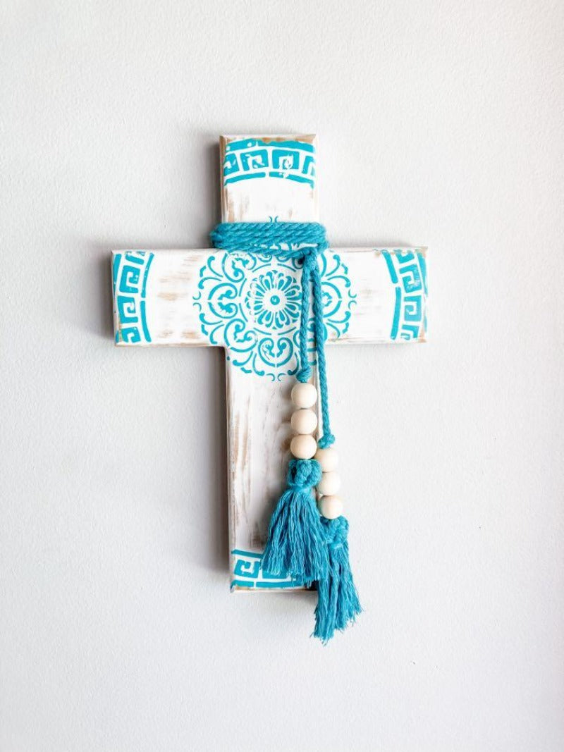 Greek Key & Mandala Wall Cross Turquoise - Large