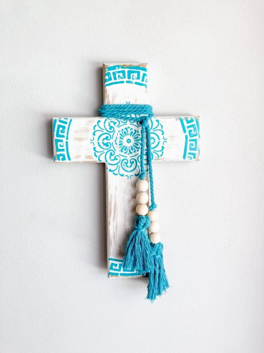 Aqua and white wall cross. Greek wall cross. Mandala wall art. Carved look wooden wall cross. Embossed details Wall Art. Gift for Greek family. The Greek meander, also known as the Greek key pattern, symbolizes eternity, unity, and the flow of life. It was a vital symbol in ancient Greek culture. Gift for Yia-yia. Saint Patrick's Day gift. Orthodox easter gift. Gift for Birthday, Easter, Christmas, First Holy Communion, Baptism, New Baby, Baby Shower, Christening, Confirmation, Graduation, Wedding