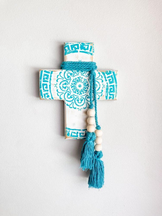 Aqua and white wall cross. Greek wall cross. Mandala wall art. Carved look wooden wall cross. Embossed details Wall Art. Gift for Greek family. The Greek meander, also known as the Greek key pattern, symbolizes eternity, unity, and the flow of life. It was a vital symbol in ancient Greek culture. Gift for Yia-yia. Saint Patrick's Day gift. Orthodox easter gift. Gift for Birthday, Easter, Christmas, First Holy Communion, Baptism, New Baby, Baby Shower, Christening, Confirmation, Graduation, Wedding
