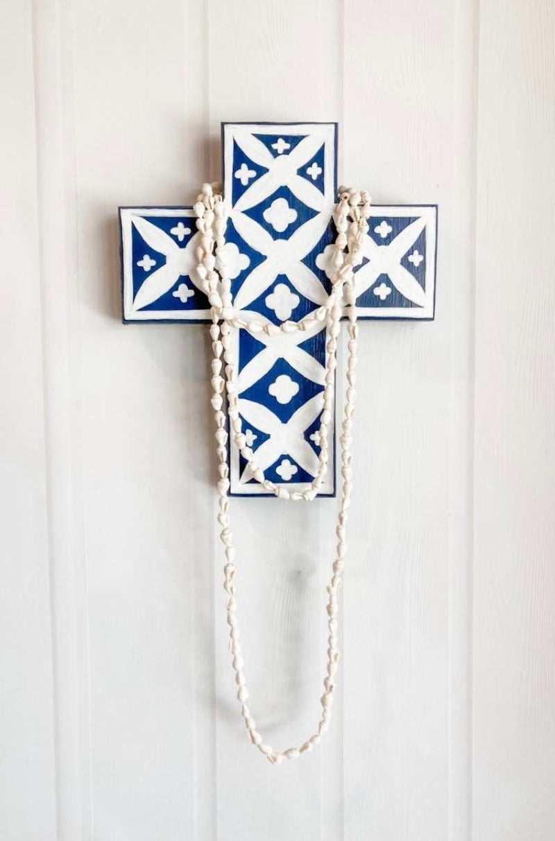 For lovers of blue and white, classy, Hamptons inspired blue and white decor, bone inlay look wall cross navy and white