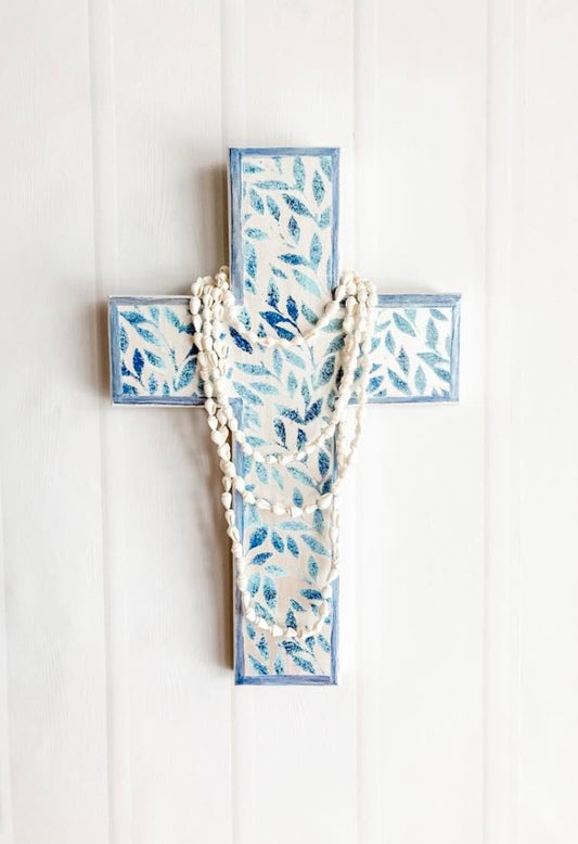 For lovers of blue and white, classy, Hamptons inspired blue and white decor, bone inlay look wall cross navy and white