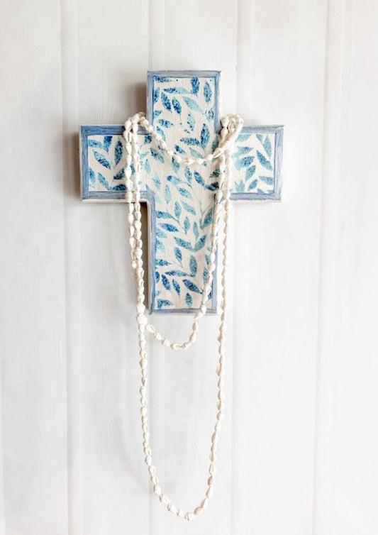 For lovers of blue and white, classy, Hamptons inspired blue and white decor, bone inlay look wall cross navy and white