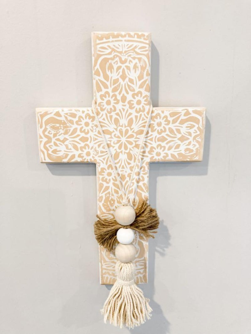 Boho Wall Art Beige Pheeta Cross Large